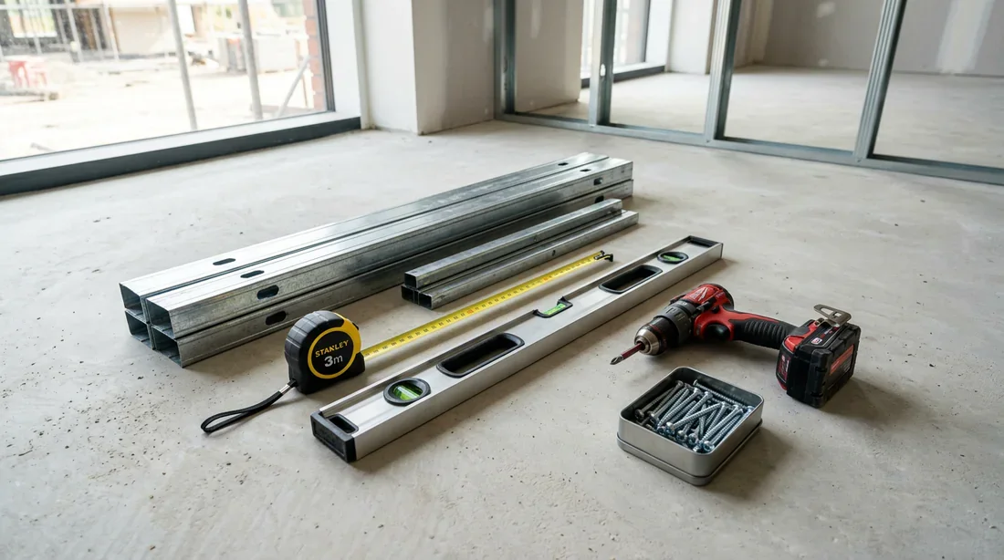 Préparation du matériel pour la pose de porte Outillage et matériel nécessaires pour poser un bloc-porte sur ossature métallique