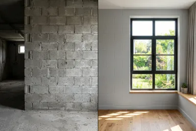Avant après création d'une ouverture dans un mur en parpaings pour installer une fenêtre