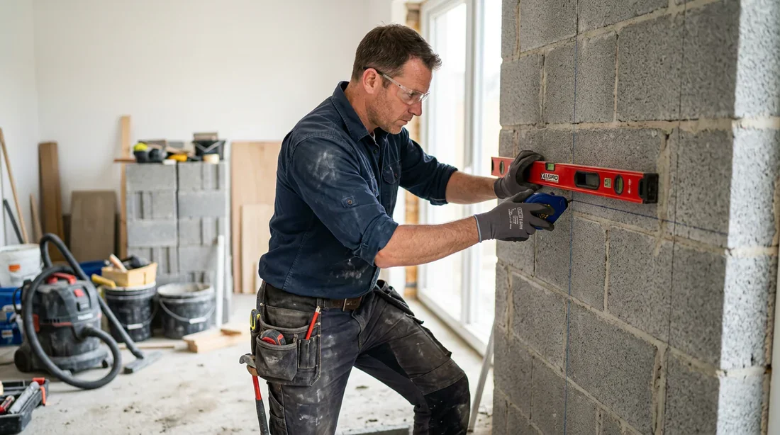 Tracé des dimensions pour l'ouverture du mur en parpaings Maçon mesurant et traçant les repères de découpe sur un mur en parpaings