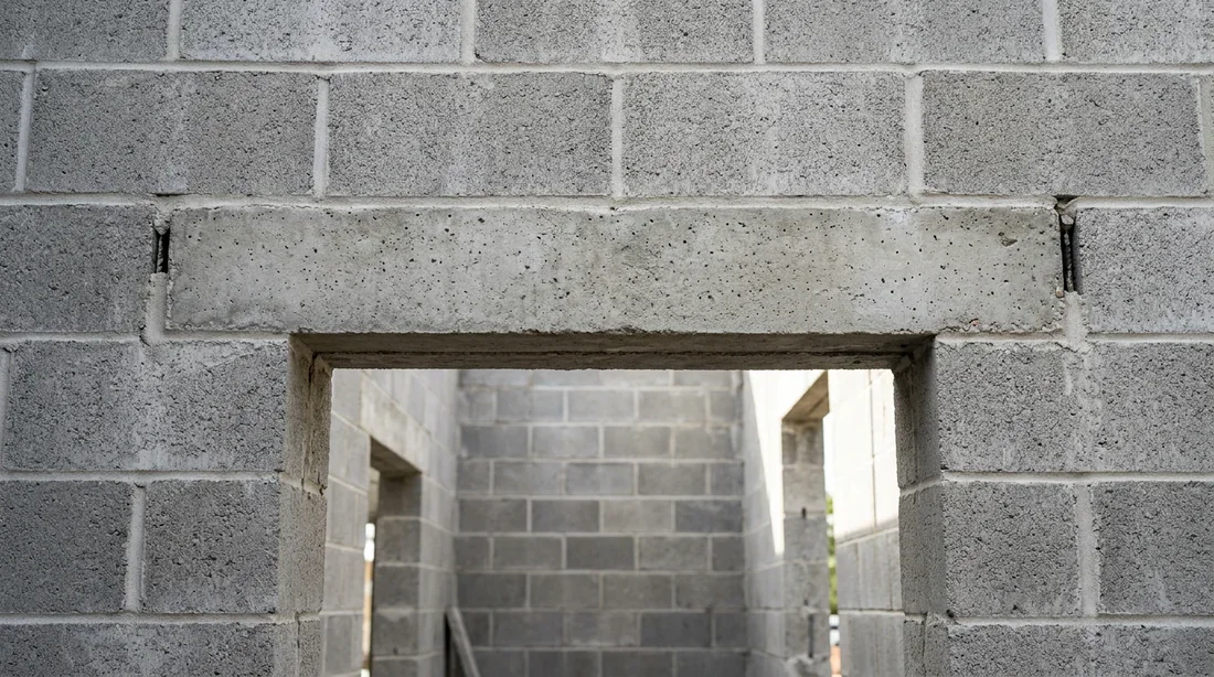 Installation du linteau de renfort pour ouverture de mur Pose d'un linteau de soutien en béton armé au-dessus d'une ouverture de mur