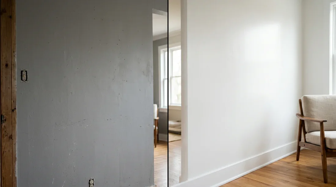 Comparaison avant après d'un mur peint avec une finition satinée lumineuse