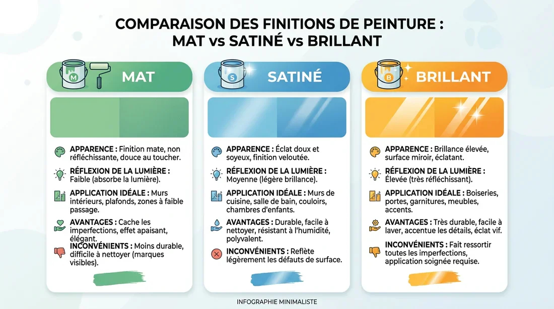 Infographie comparant les finitions de peinture mate, satinée et brillante