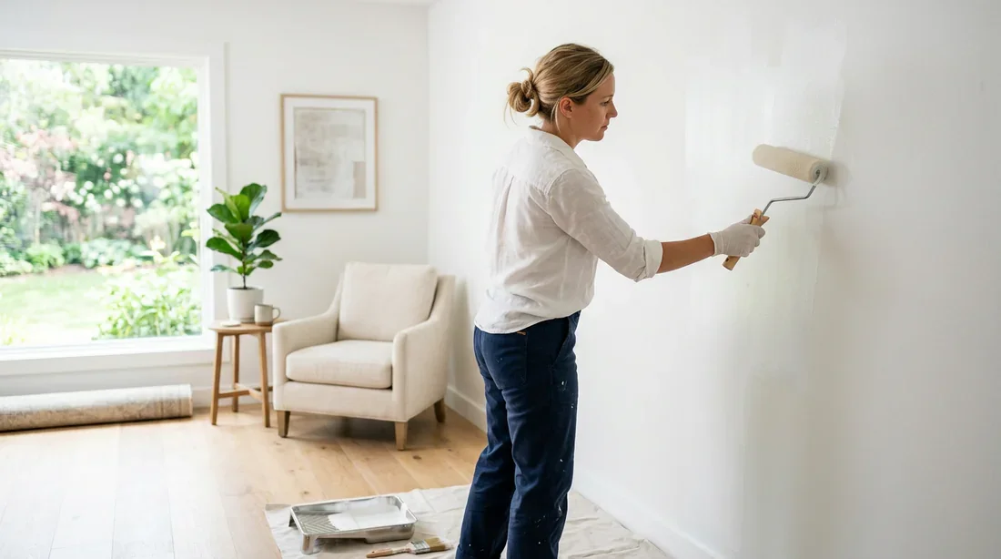 Peintre appliquant une peinture satinée au rouleau