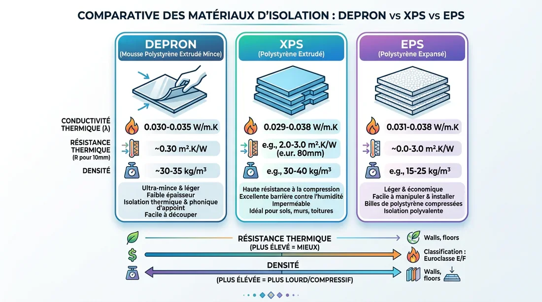 Propriétés techniques du Depron comparées aux autres isolants Infographie comparative des matériaux isolants dont le Depron
