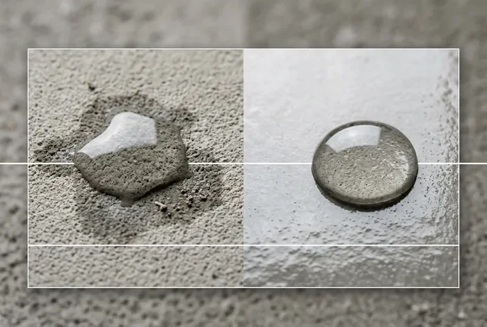 Comparatif goutte d'eau qui s'imprègne sur ragréage brut et goutte perlante sur ragréage vernis