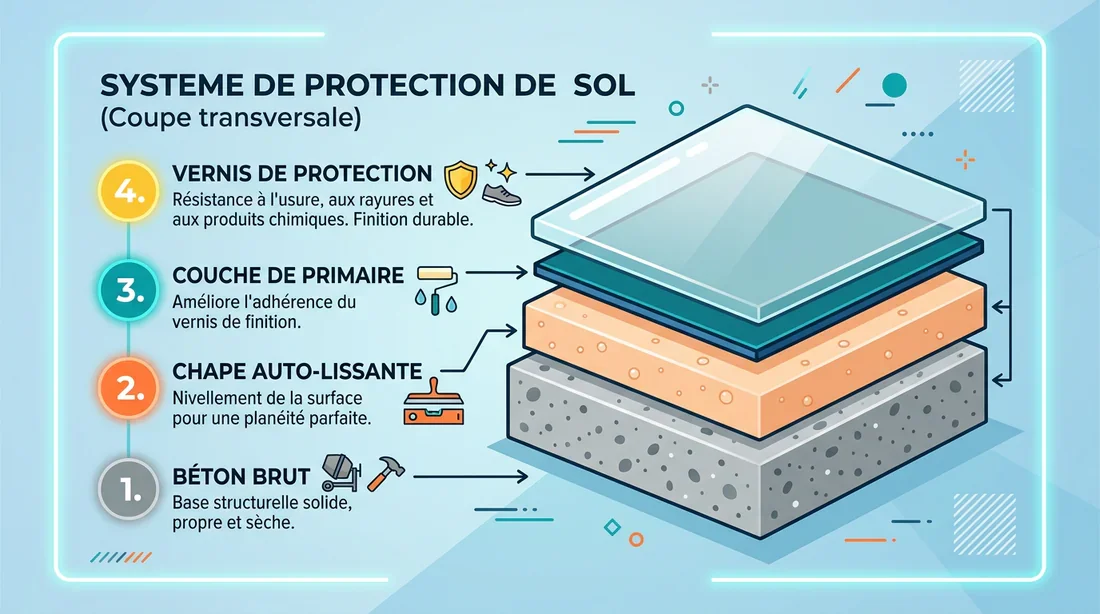 Composition des couches de finition d'un ragréage Schéma explicatif des couches de finition et de vernis sur un ragréage