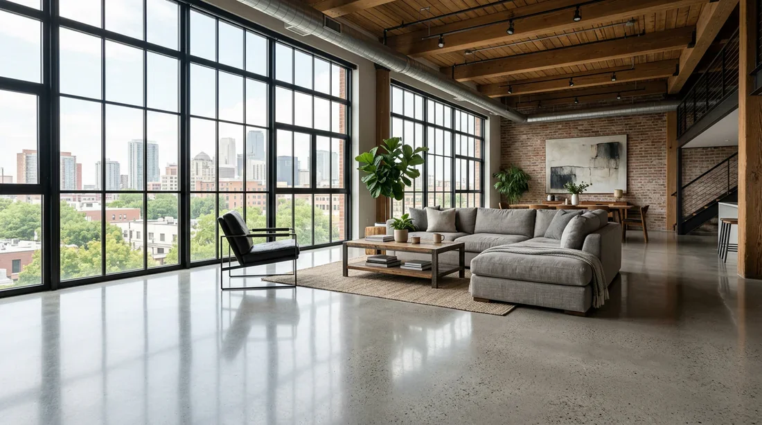Sol en ragréage industriel lisse et verni Sol en ragréage gris lisse et légèrement brillant dans un loft moderne