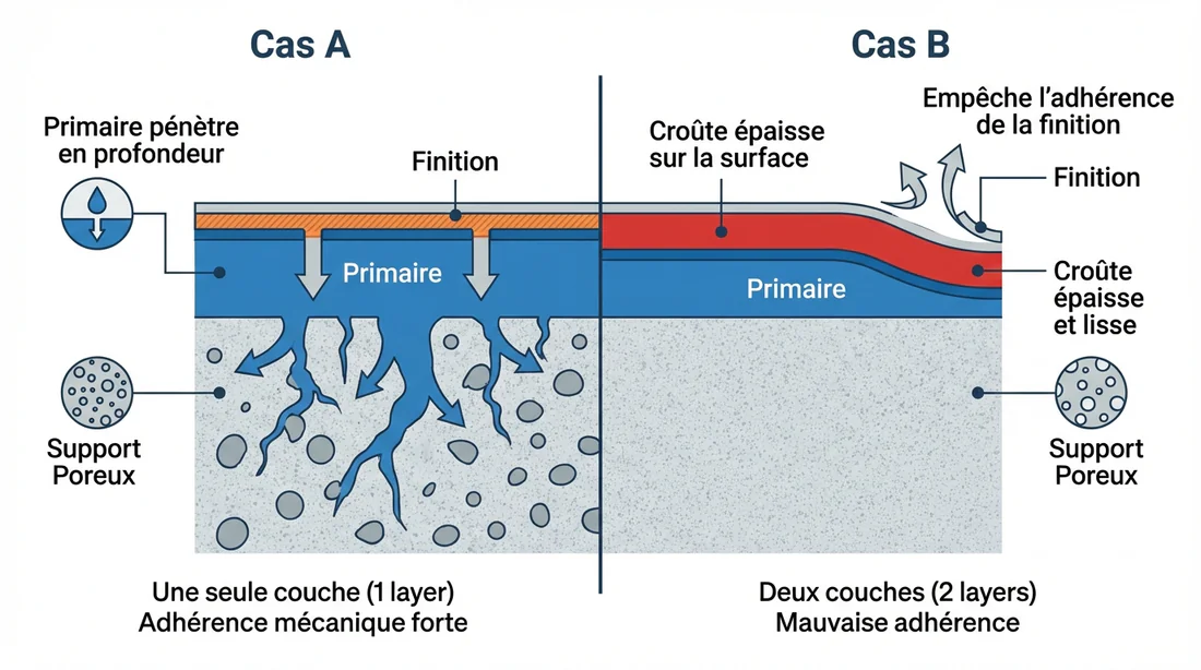 Différence entre accroche et saturation du support Schéma technique montrant la pénétration de la sous-couche vs l'effet de croûte