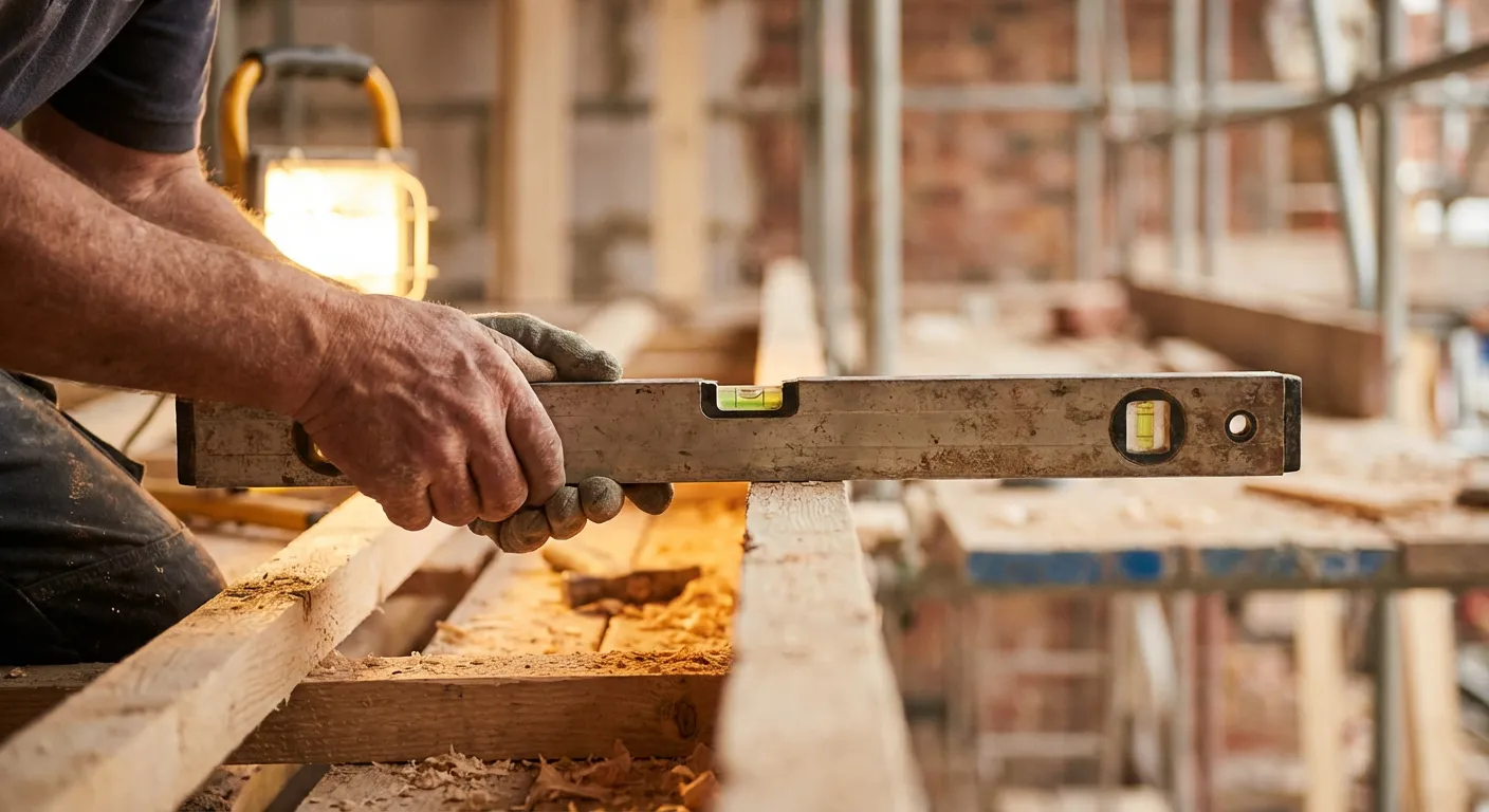 Précision du montage sur tasseaux Artisan vérifiant le niveau d'un tasseau bois pour la pose de placo