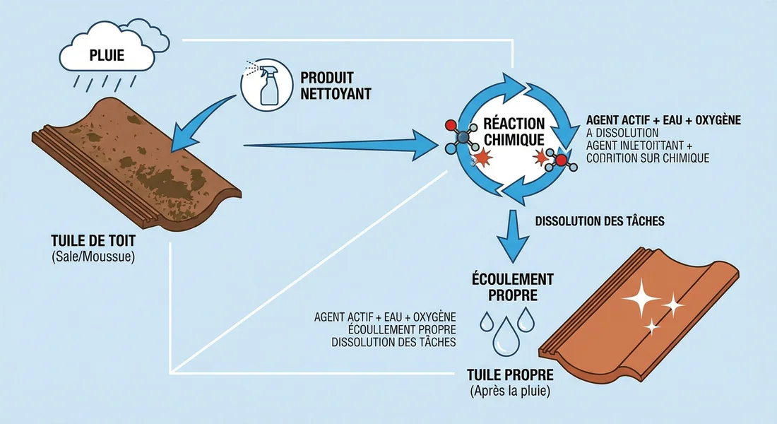 Réaction chimique et intempéries Infographie expliquant l'effet de la pluie sur les produits de démoussage.