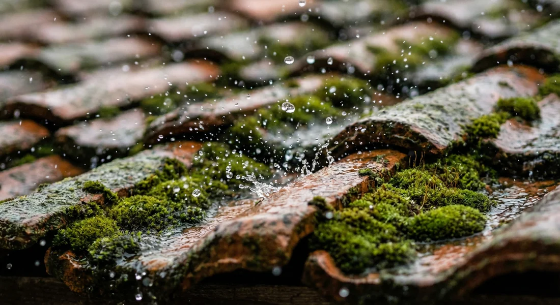 Impact de l'humidité sur les tuiles Pluie tombant sur des tuiles de toit moussues.