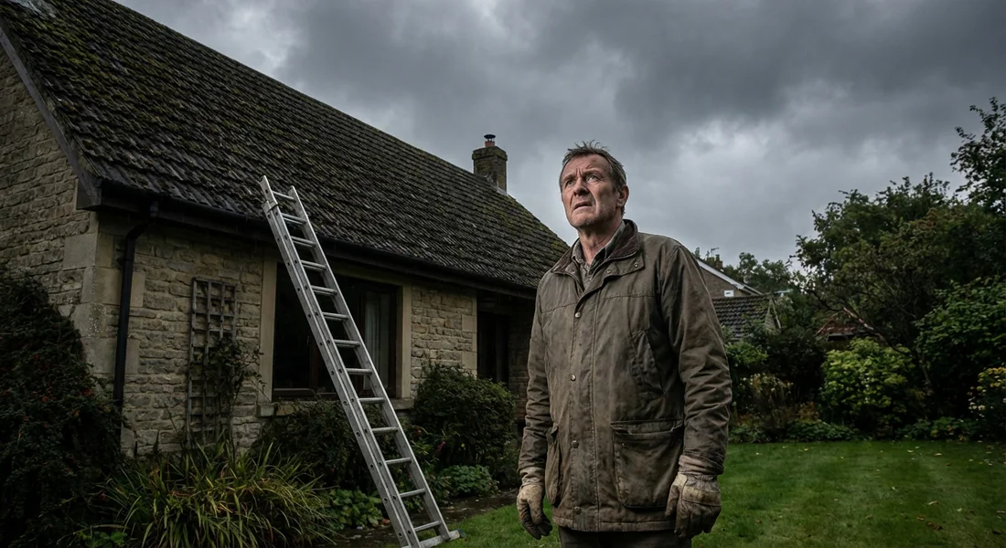 Inquiétude météo et entretien de toiture Propriétaire inquiet regardant un ciel menaçant avec une échelle posée contre son toit.