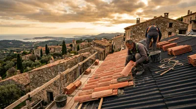 Détail épuré d'une tuile canal posée sur une plaque ondulée en gros plan
