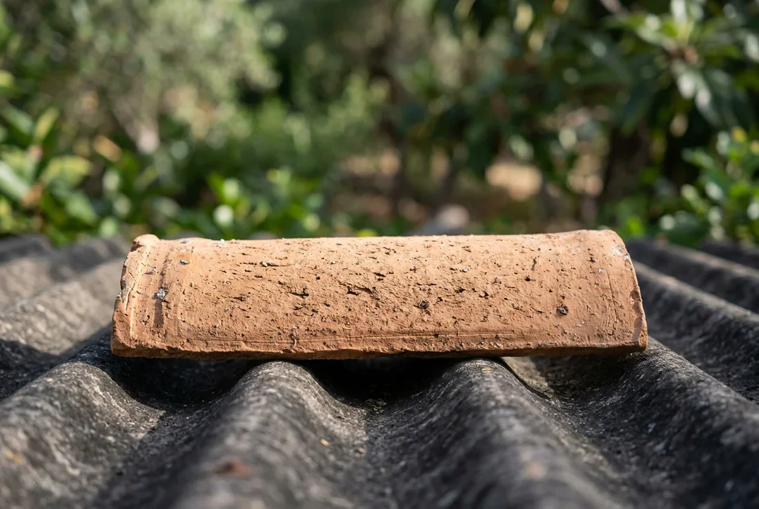 Rénovation de toiture : l'élégance de la tuile canal Vue panoramique d'une toiture en cours de rénovation avec tuiles canal sur plaques ondulées sous la lumière dorée