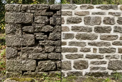 Avant et après le rejointoiement d'un mur en pierres anciennes à la chaux