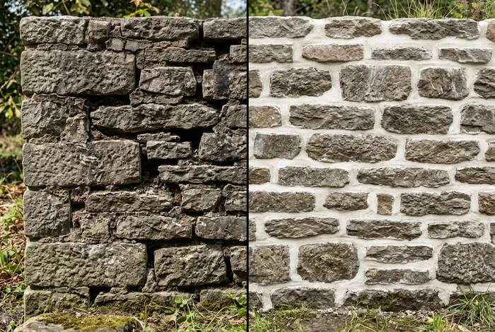 Avant et après le rejointoiement d'un mur en pierres anciennes à la chaux
