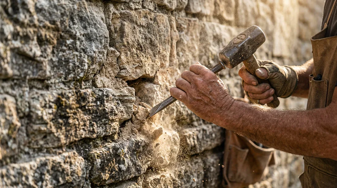 Préparation du mur et creusement des joints Dégarnissage des vieux joints d'un mur en pierre à la main