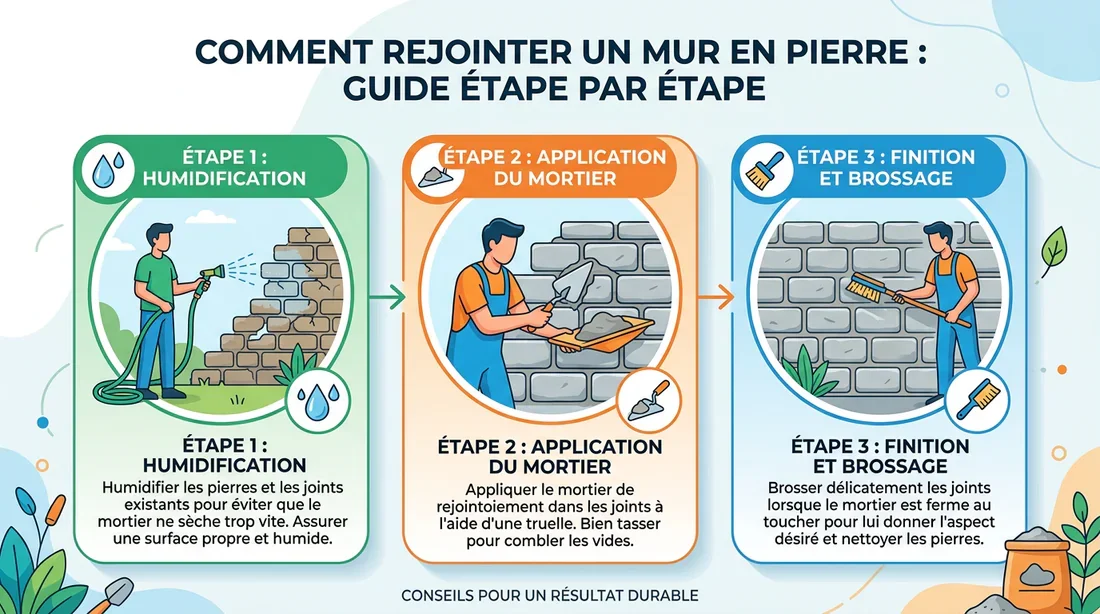 Guide pas à pas de l'application des joints à la chaux Schéma explicatif des étapes de rejointoiement d'un mur en pierre
