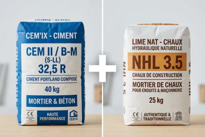 Comparaison sac de ciment CEM II et sac de chaux NHL pour mortier bâtard