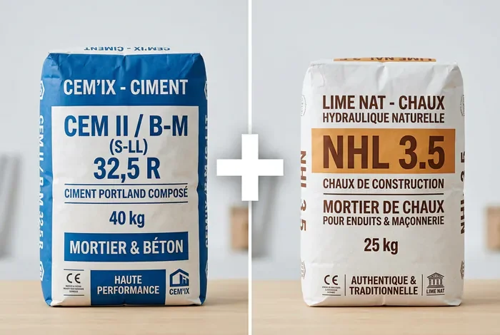 Comparaison sac de ciment CEM II et sac de chaux NHL pour mortier bâtard