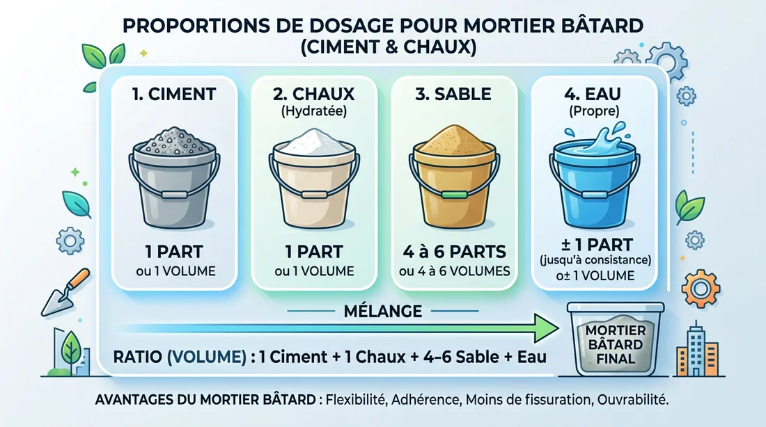 Dosage du mortier bâtard Infographie expliquant les dosages du mortier bâtard selon les usages