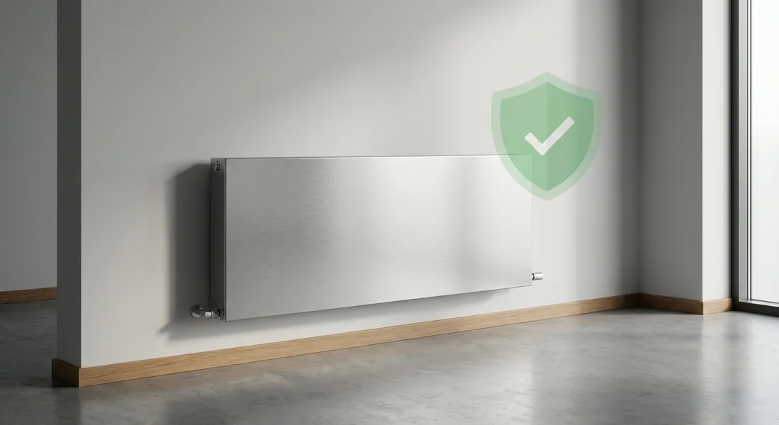 Radiateur moderne fixé solidement au mur avec une icône de sécurité