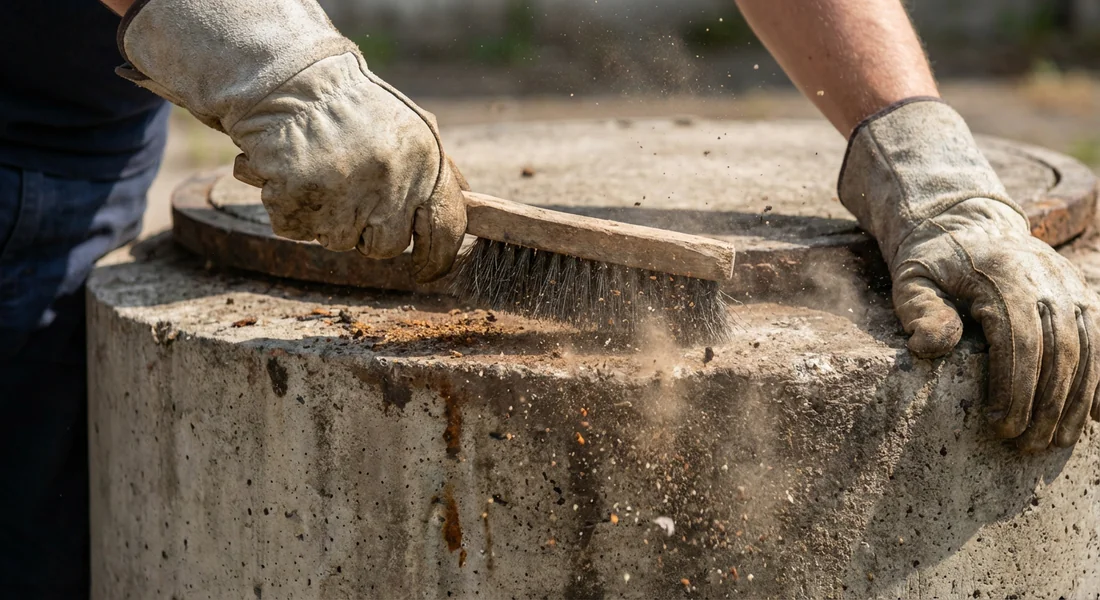 Nettoyage manuel d'un regard en béton avec une brosse métallique.