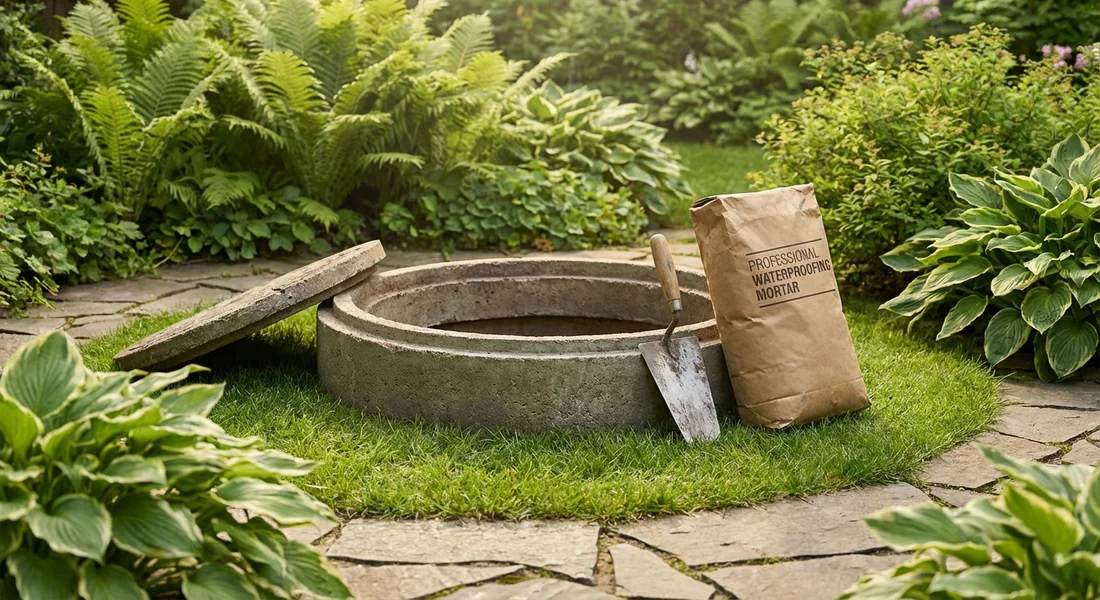 Regard en béton ouvert dans un jardin avec une truelle et un sac de mortier d'étanchéité.