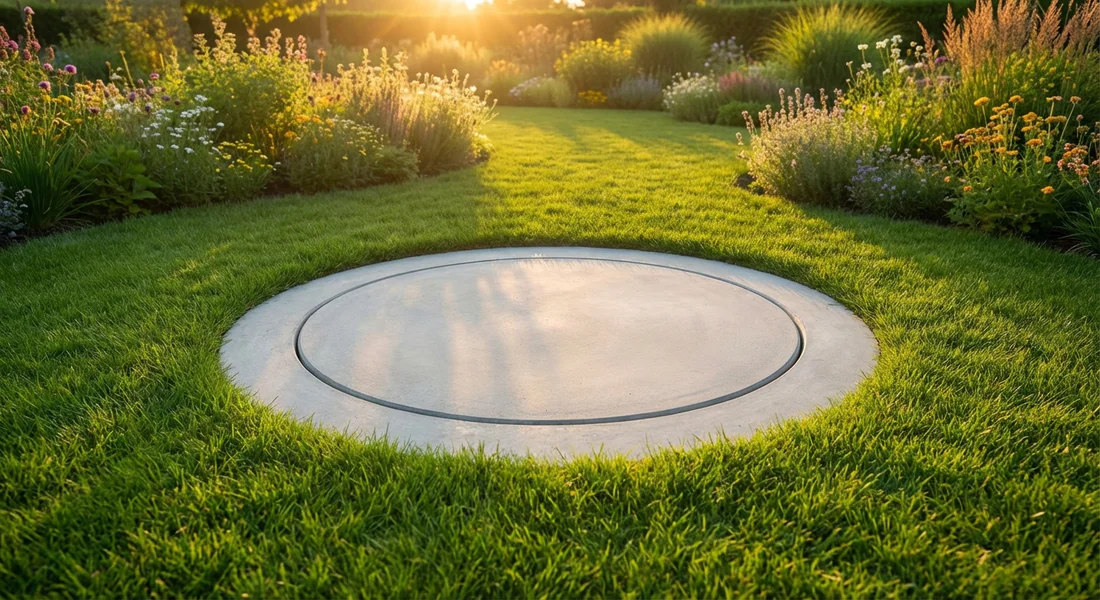 Regard en béton scellé et terminé dans un jardin.