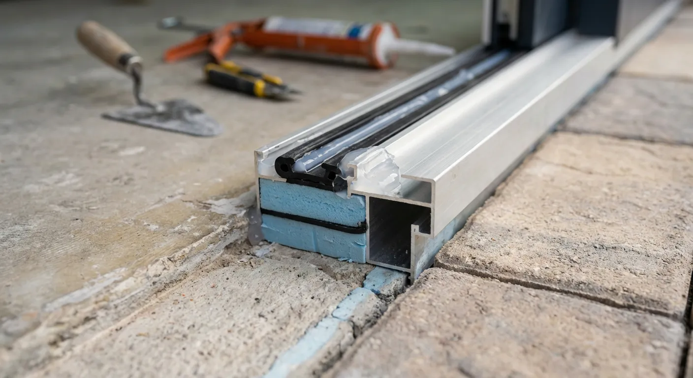 Détails techniques et macro d'une rénovation d'étanchéité sur un rail de porte coulissante