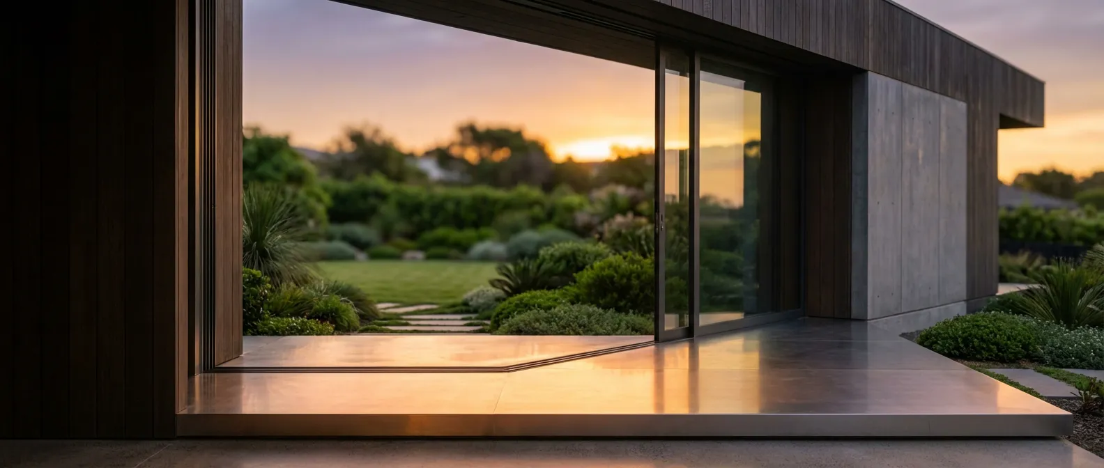 Vue cinématique d'une baie vitrée moderne avec un seuil parfaitement étanche ouvrant sur un jardin au coucher du soleil