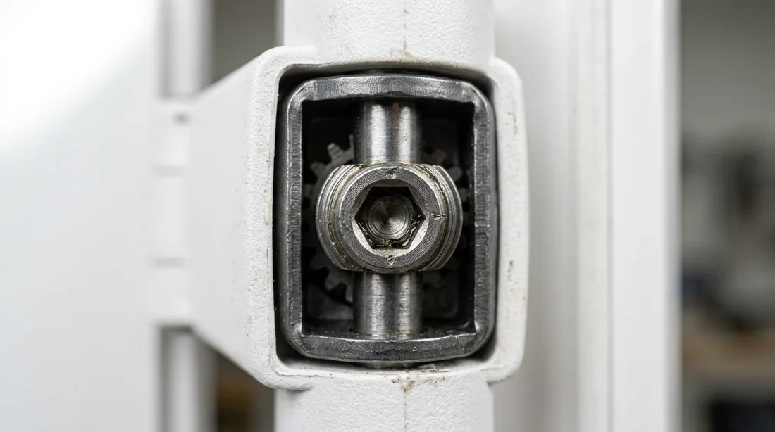 Détail de la vis de réglage dans la paumelle d'une porte en PVC