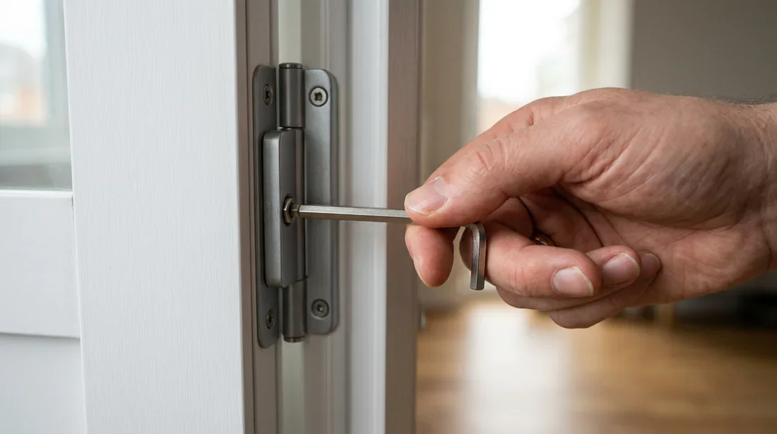 Gros plan sur le réglage d'une paumelle de porte en PVC avec une clé Allen
