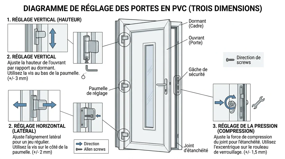 Schéma technique des trois axes de réglage d'une porte PVC