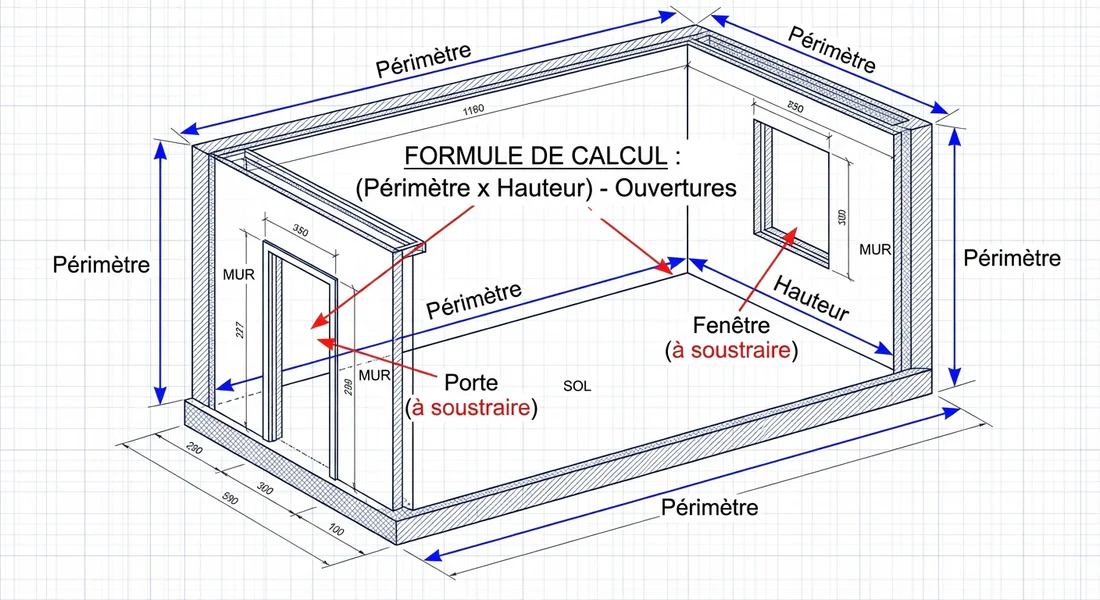 Schéma technique du calcul de la surface murale nette