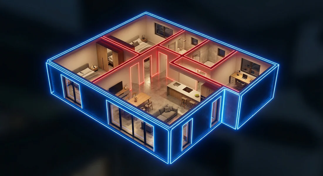 Vue écorchée d'une maison T4 de 80m2 avec distinction des murs périphériques en bleu et cloisons en rouge