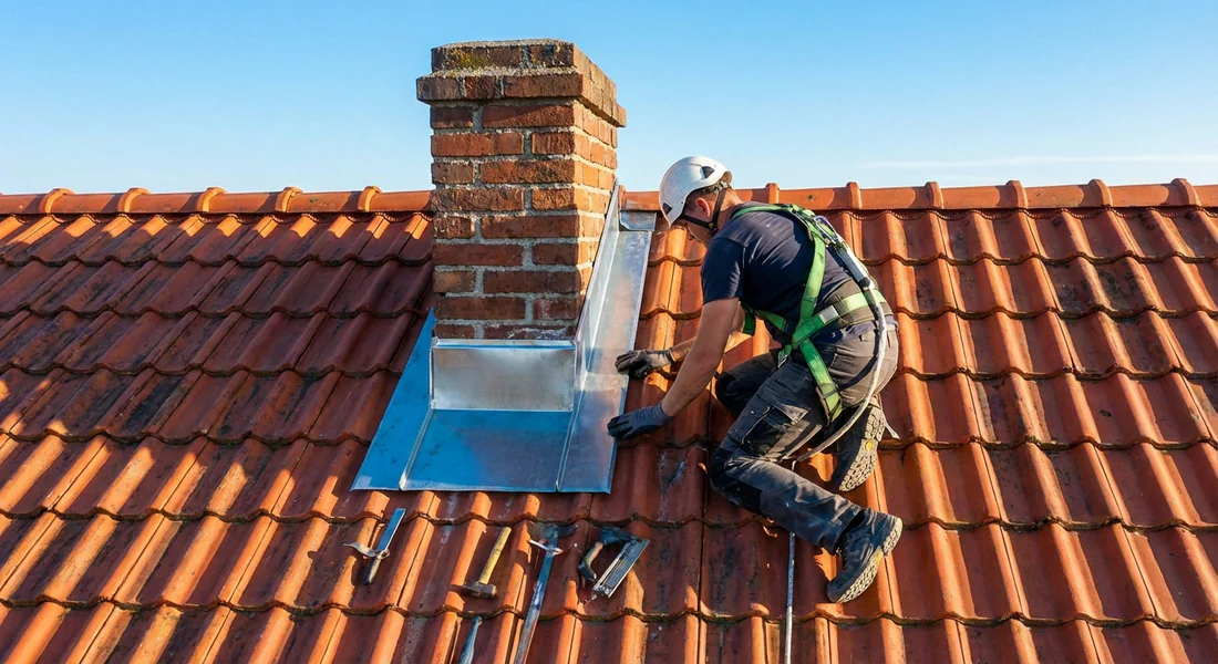 Couvreur professionnel posant un abergement de cheminée en zinc sur un toit en tuiles rouges.