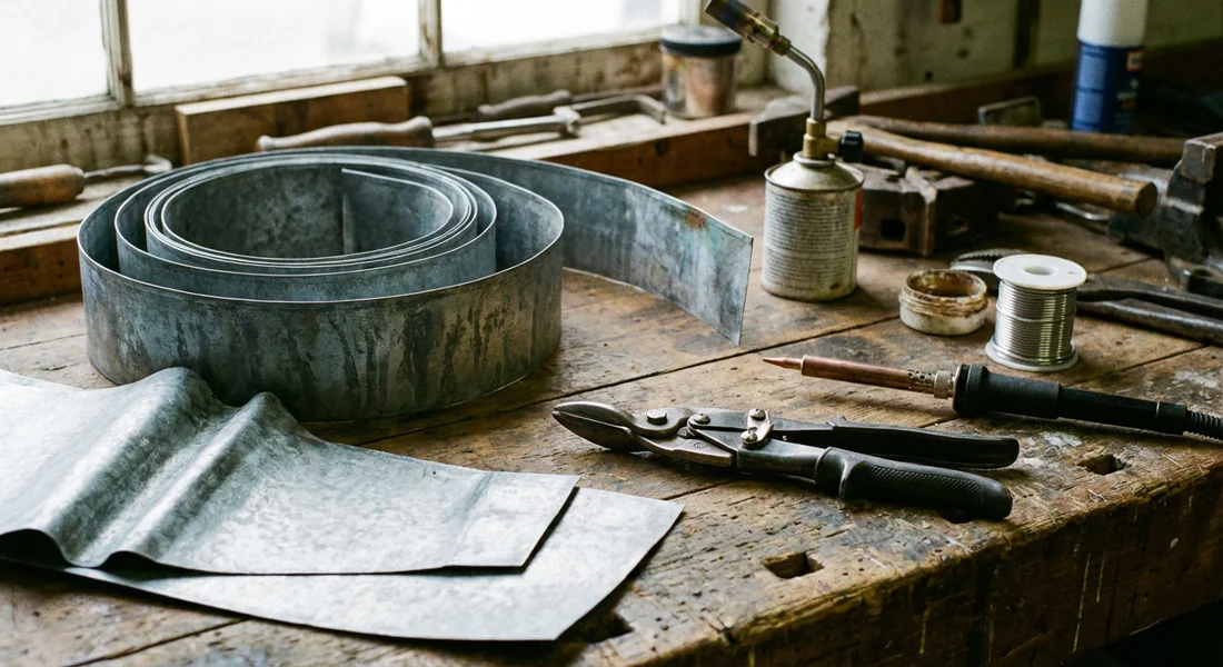 Matériaux de couverture : feuilles de zinc et outils pour abergement.