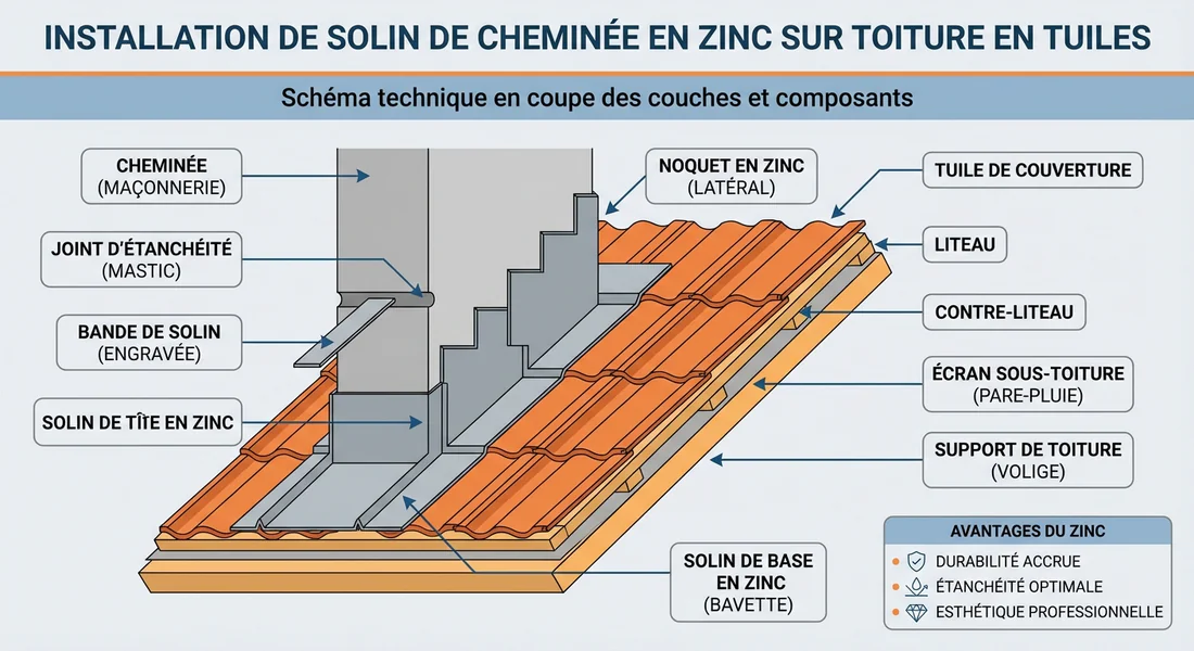 Schéma technique de la structure d'un abergement de cheminée en zinc.