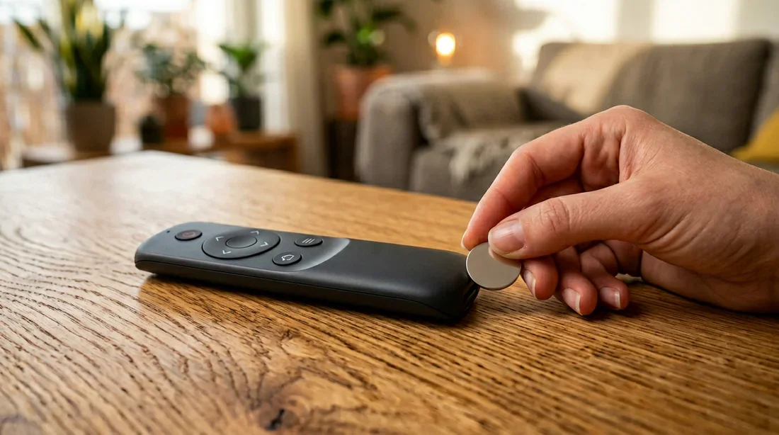 Télécommande Franciaflex posée sur une table avec une pile de rechange