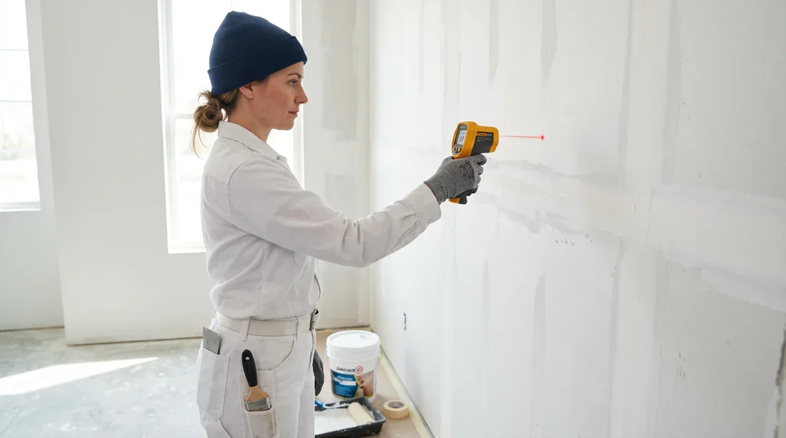 Artisan mesurant la température d'un mur en placo avec un thermomètre infrarouge avant application de l'enduit