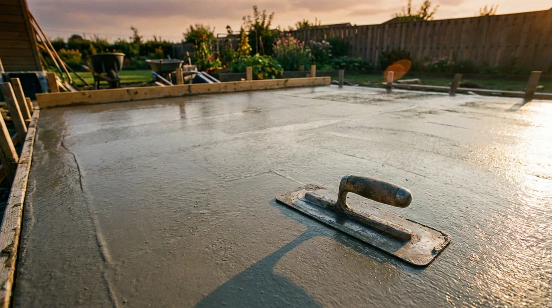 Dalle de béton de 15 cm fraîchement coulée avec une taloche posée au premier plan sous une lumière naturelle.