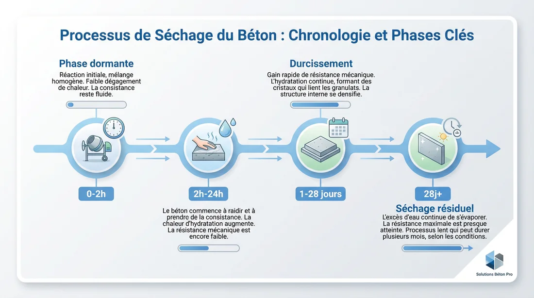 Frise chronologique des étapes de séchage du béton : prise, durcissement et séchage résiduel.