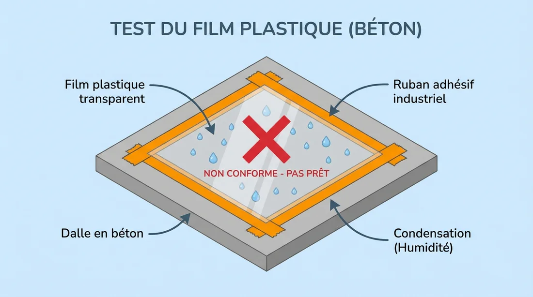 Schéma explicatif du test du film plastique avec condensation et une croix rouge.