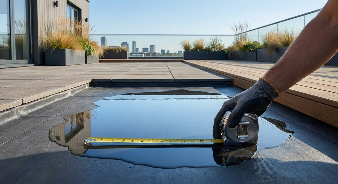 Mesure de la profondeur d'une flaque d'eau sur une toiture terrasse moderne avec un mètre ruban