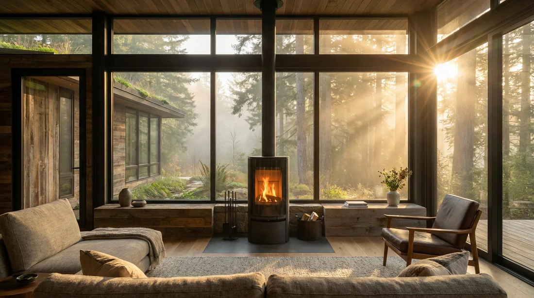Salon luxueux et écologique avec un poêle à bois moderne et de grandes baies vitrées donnant sur la nature