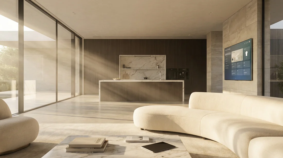 Un intérieur de luxe moderne mêlant domotique invisible et matériaux nobles comme le marbre et le bois.
