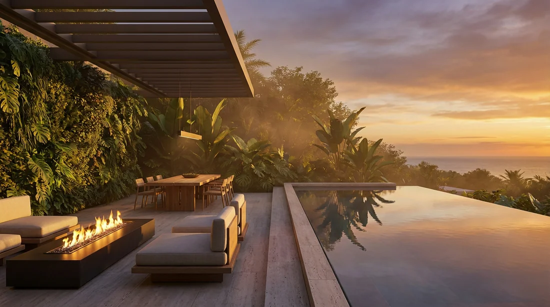 Le jardin comme sanctuaire moderne Vue cinématographique d'un jardin de luxe aménagé en havre de paix au coucher du soleil