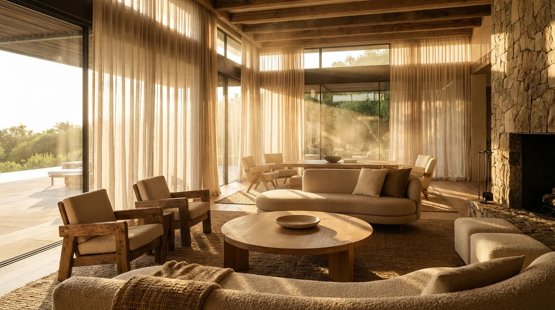 Vue panoramique d'un salon luxueux et lumineux aux lignes épurées et design contemporain.